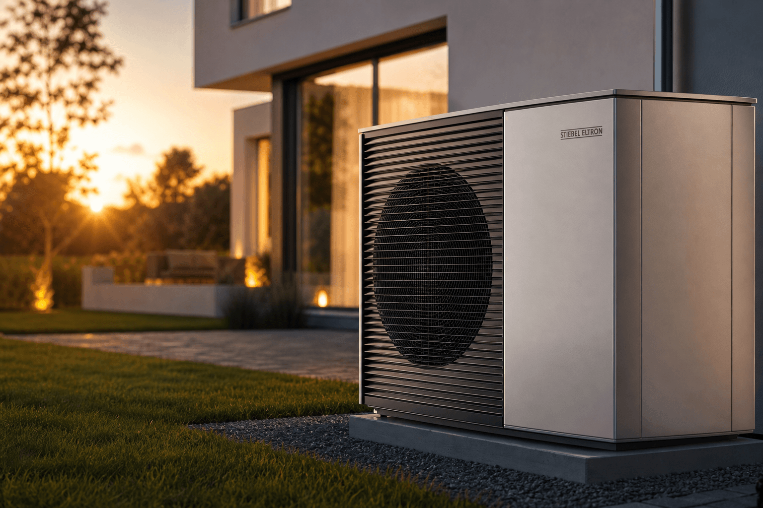 Stiebel Eltron Wärmepumpe im Vordergrund mit dezentem Markenaufdruck