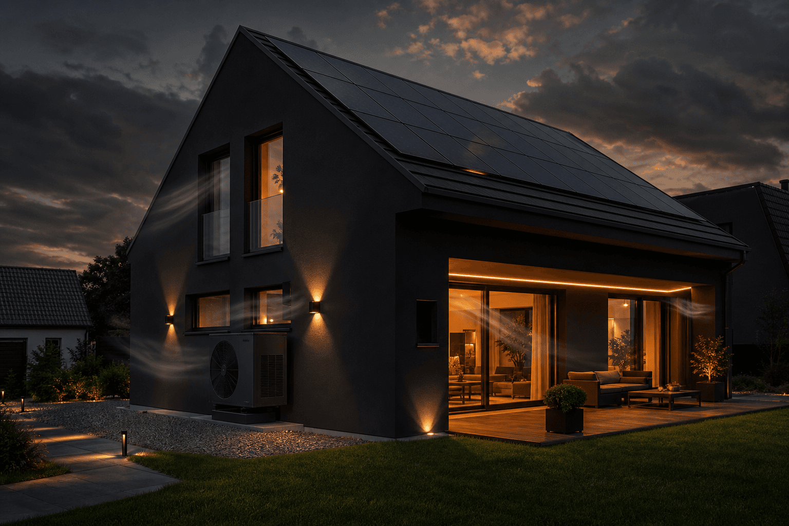 Modernes Einfamilienhaus mit Klimaanlage, PV-Dach und warmer Abendbeleuchtung