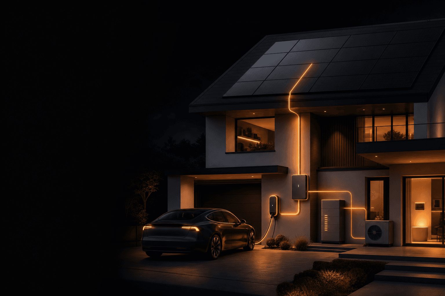 Photovoltaikanlage auf modernem Wohnhaus — cinematic Solar-Hero